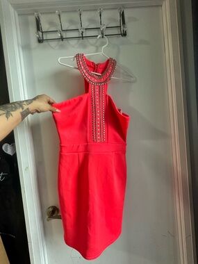 Embellished Coral Halter Bodycon Dress